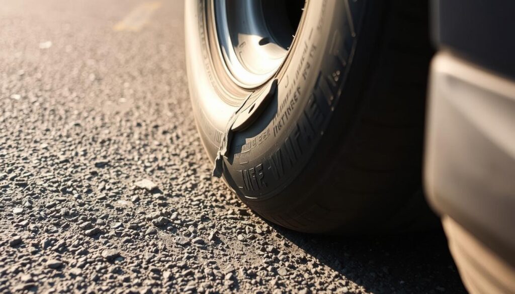 A flat tire on the asphalt, viewed at a slight angle. The tire is partially deflated, with a visible tear or puncture. The surrounding area is well-lit, with natural sunlight casting warm shadows. The focus is on the damaged tire, but the background includes the edge of a vehicle's wheel well and a portion of the road. The scene conveys a sense of inconvenience and the need for immediate attention, setting the stage for the "Flat Tires and Their Solutions" section of the article.
