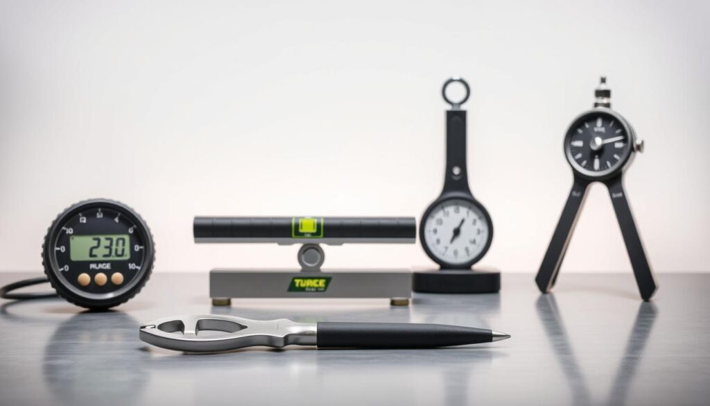 A neatly arranged set of essential balancing tools against a clean, well-lit backdrop. In the foreground, a digital tire pressure gauge, wheel weight pliers, and a bubble level balance resting on a smooth, metallic surface. In the middle ground, a torque wrench and a tire tread depth gauge stand upright, conveying a sense of precision and functionality. The background features a neutral, minimalist environment, allowing the tools to take center stage and showcase their importance for maintaining proper wheel alignment and balance. The overall mood is one of professionalism, attention to detail, and the importance of using the right tools for the job.