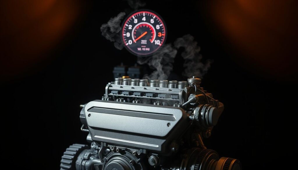 A sleek, modern engine sits in the foreground, steam billowing from its overheated components. The engine block is a deep, metallic gray, with intricate details and textures that hint at its complex inner workings. In the middle ground, a gaugeboard displays critical temperature and pressure readings, the needles pegged dangerously high. The background is dimly lit, casting dramatic shadows and highlights that emphasize the engine's mechanical form. The overall scene conveys a sense of urgency and concern, reflecting the pressing need to address the engine overheating issue.