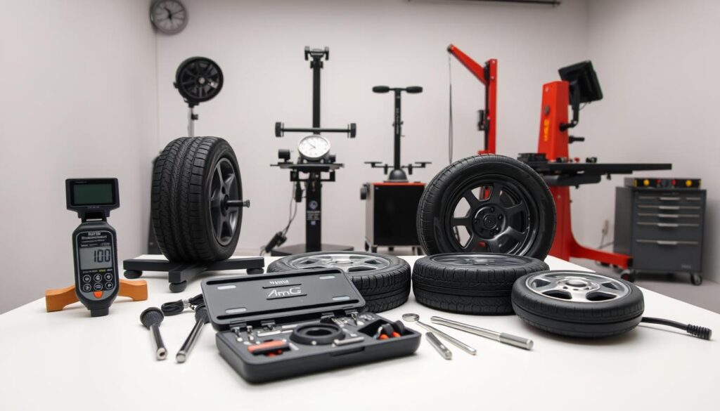a professional photography studio setup showing an arrangement of various types of wheel alignment tools, including a digital tire tread depth gauge, a wheel alignment tool kit, a wheel balancer, a tire changer, and a wheel alignment machine, all displayed on a clean white tabletop with soft, even lighting from above to showcase the details and textures of the tools, shot from a slight angle to provide a visually engaging and informative perspective.