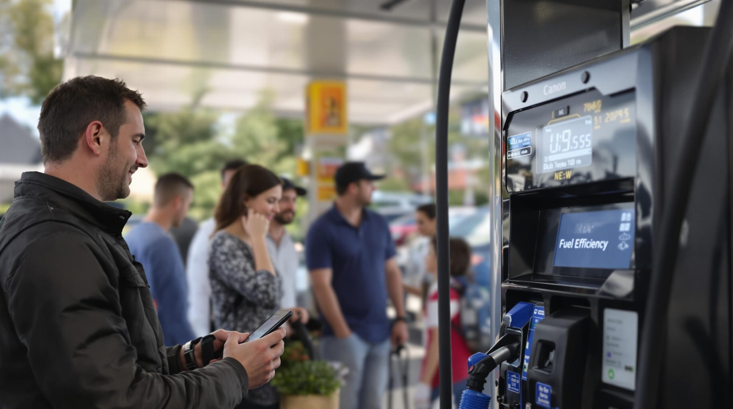 People at a gas station practicing fuel-saving habits in the USA