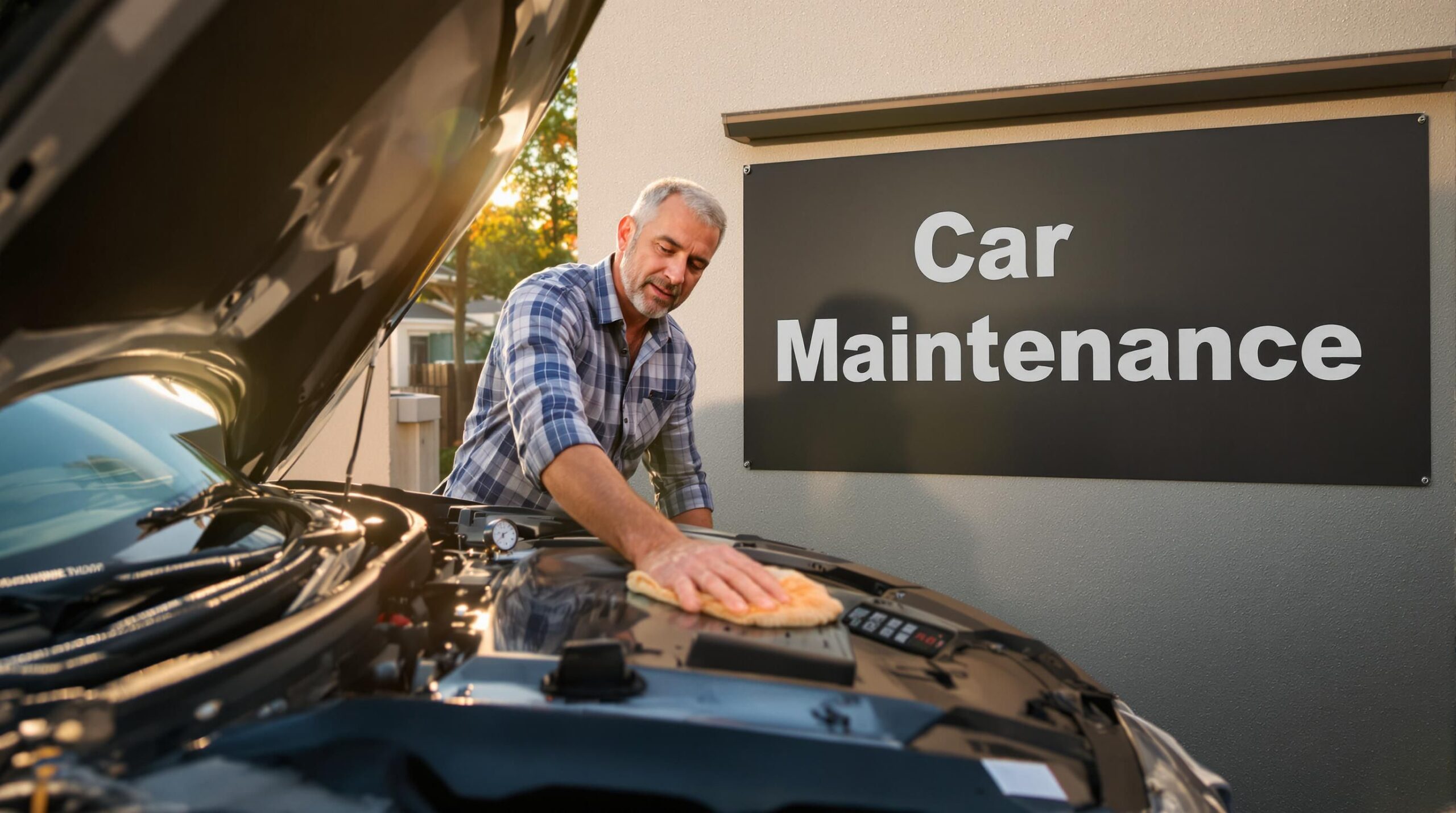 Car owner performing maintenance in driveway with checklist and tools