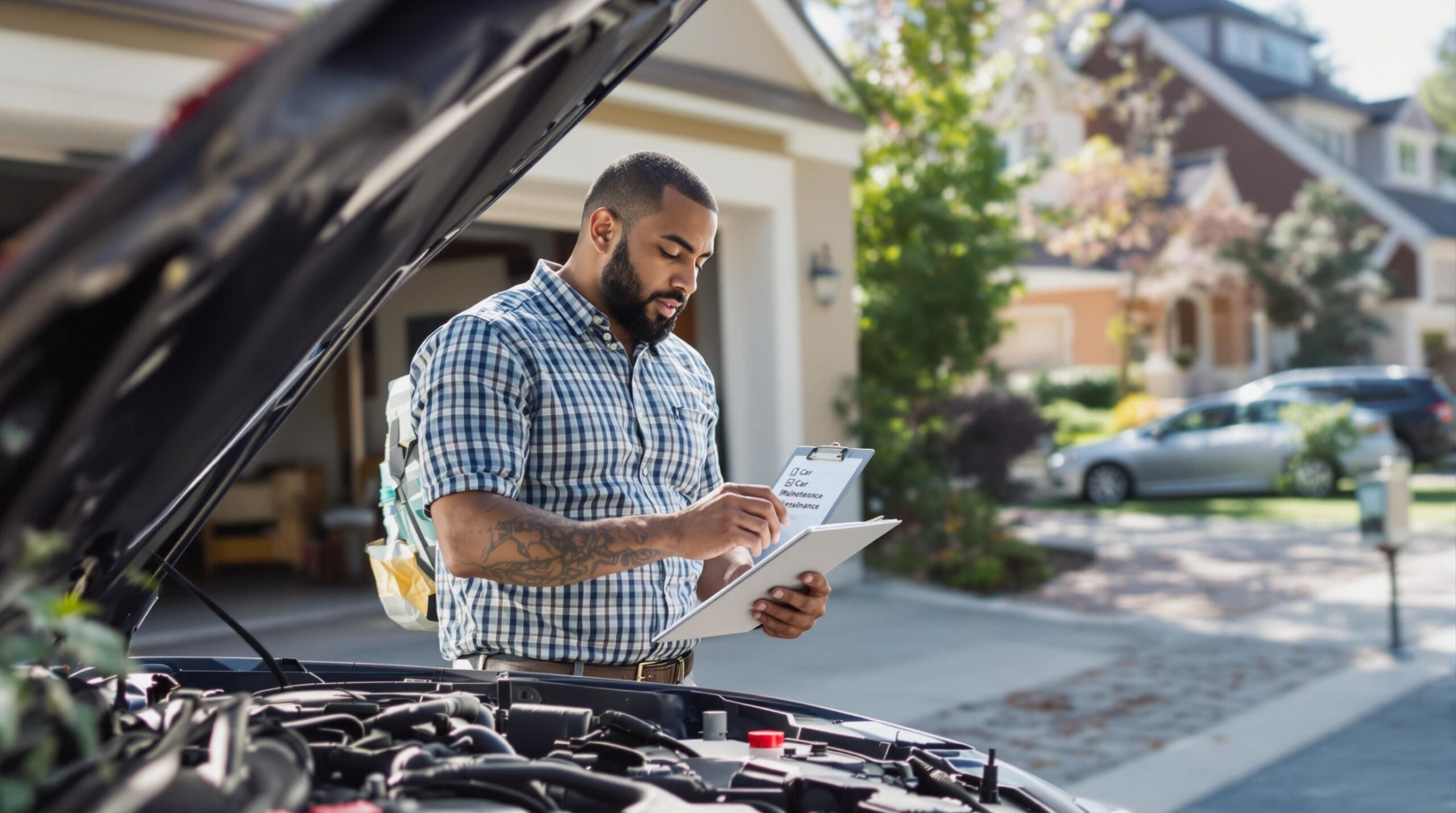 Car owner reviews maintenance checklist beside vehicle in morning sunlight