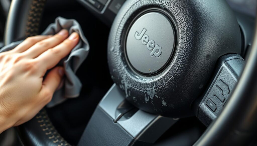 A Jeep Wrangler's steering wheel, covered in a sticky, grime-like film, sits in a well-lit, detailed close-up. The wheel's surface reflects the soft, natural lighting, revealing the worn, textured leather. In the foreground, a hand holds a cleaning cloth, gently wiping away the built-up residue, restoring the wheel's original appearance. The background is blurred, focusing the viewer's attention on the cleaning process. The overall scene conveys a sense of care and attention to detail, as the Jeep owner diligently works to revive the steering wheel's condition.