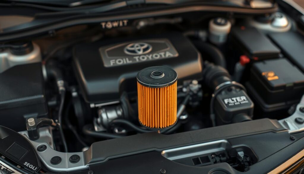 A Toyota Camry engine bay under soft, even lighting, revealing a prominent oil filter in the foreground. The filter is the focal point, surrounded by the engine's intricate components and cast in a warm, golden hue. The background is slightly blurred, allowing the filter to stand out clearly. The composition conveys a sense of precision and attention to detail, reflecting the importance of regular oil filter maintenance for this reliable sedan.