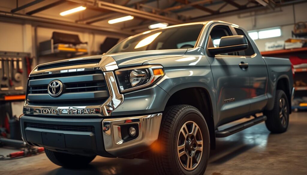 A Toyota Tundra pickup truck parked in a well-lit automotive workshop, with tools and equipment visible in the background. The truck's body is slightly damaged, showcasing minor dents and scratches. The lighting is warm and focused, highlighting the truck's detailed features. The camera angle is slightly elevated, providing a clear view of the truck's front and side profiles. The overall mood is one of thoughtful inspection, with a focus on preventative care and simple DIY fixes.