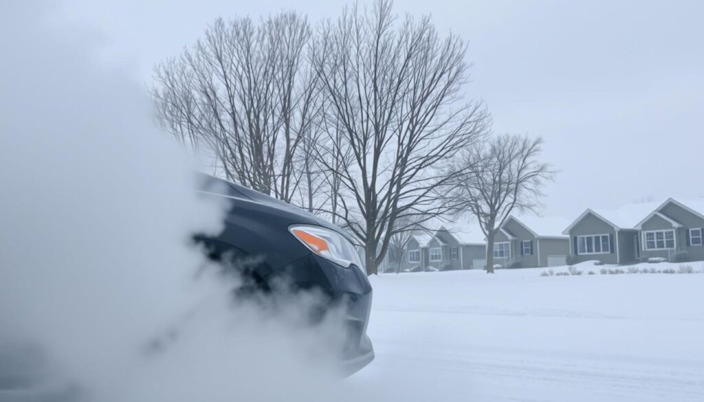 A bitterly cold winter's day in the northern United States, with a thick layer of snow blanketing the ground. In the foreground, a car's engine idles roughly, its exhaust puffing out white clouds into the frosty air. The car is partially obscured by a veil of mist, giving the scene a hazy, atmospheric quality. The middle ground features a row of leafless trees, their bare branches reaching up towards a grey, overcast sky. In the background, small residential homes huddle together, their windows frosted over, conveying a sense of the numbing chill. The overall mood is one of a harsh, wintry environment that challenges the smooth operation of a vehicle.