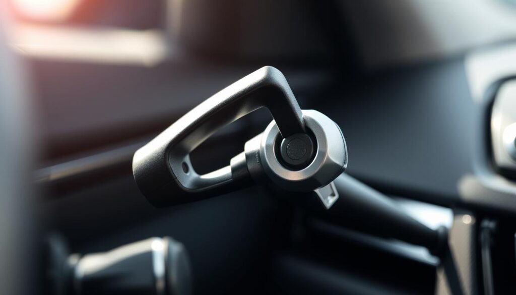 A close-up, highly detailed view of a car turn signal stalk, positioned against a blurred background. The stalk is shown in a neutral, reset position, with the lever flush against the steering column. Bright, natural lighting illuminates the metal and plastic components, revealing their intricate textures and design. The scene conveys a sense of technical precision and functionality, suitable for illustrating the reset process of a BMW 3 Series tire pressure sensor.