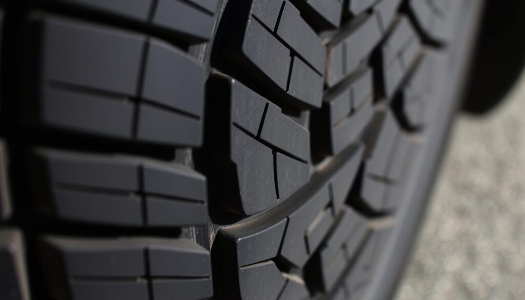 A close-up photograph of the tread on a tire, shot from a low angle with a macro lens. The tread features deep, well-defined grooves and channels, showcasing its depth and pattern in vivid detail. The tire surface is clean and glistening, illuminated by soft, natural lighting that casts subtle shadows to accentuate the texture. The background is slightly blurred, keeping the focus squarely on the intricate tire tread design and its ability to grip the road.