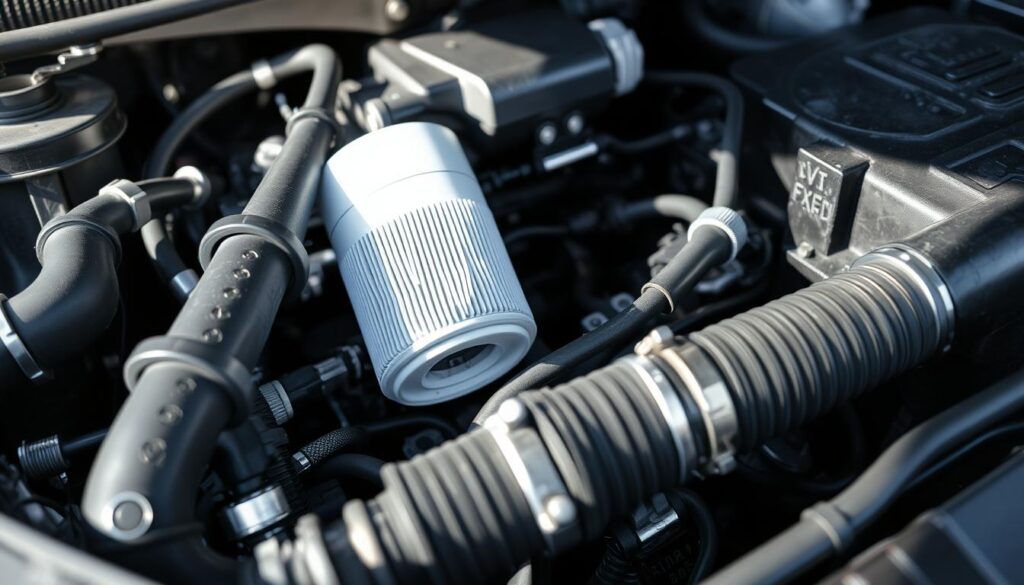 A close-up view of a 2015 Toyota Camry's engine bay, with the oil filter clearly visible in the foreground. The filter is positioned in an accessible location, surrounded by the intricate network of hoses, tubes, and engine components. The lighting is soft and natural, creating subtle shadows that accentuate the details. The angle is slightly tilted, providing a dynamic perspective that showcases the filter's accessibility and the overall engine layout. The overall atmosphere is one of technical precision and attention to detail, setting the stage for a step-by-step guide on how to properly remove the oil filter.