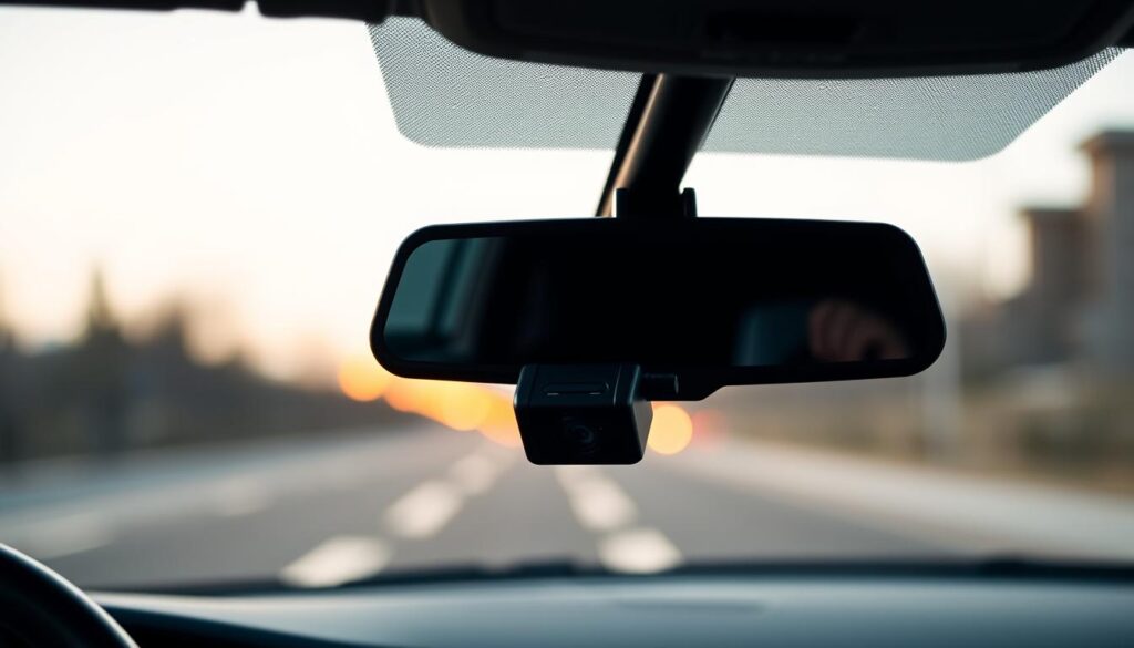 A close-up view of a car dashboard, showcasing the optimal mounting position for a dash cam with ADAS features. The dashboard is made of sleek, dark-colored materials, providing a minimalist, modern aesthetic. The dash cam, a compact and discreet unit, is positioned just behind the rearview mirror, ensuring an unobstructed forward-facing view. Soft, diffused lighting illuminates the scene, creating a warm and professional atmosphere. The camera lens is angled slightly downward, capturing the road ahead with precision. The overall composition emphasizes the seamless integration of the dash cam within the vehicle's interior, underscoring the importance of proper installation for optimal ADAS functionality.