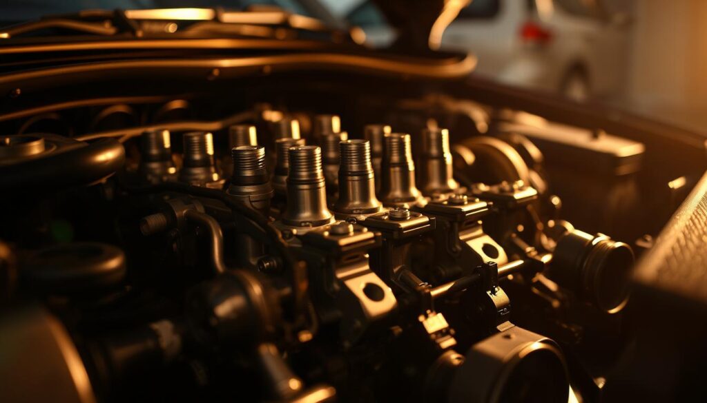 A close-up view of a car engine in a dimly lit garage, showcasing its intricate mechanical components. The engine is partially disassembled, revealing the pistons, cylinders, and other internal parts. The lighting is warm and soft, casting shadows that highlight the engine's complex geometry. The background is blurred, emphasizing the focus on the engine's detailed structure. The overall atmosphere conveys a sense of technical complexity and the importance of understanding the inner workings of a vehicle, especially when troubleshooting issues like a rough idle in cold weather.