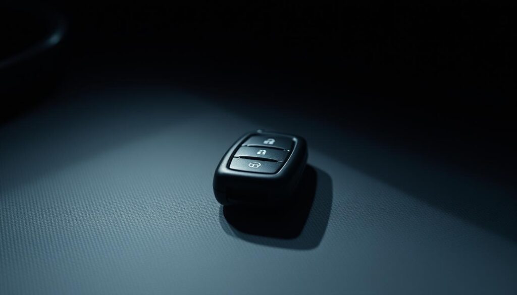 A close-up view of a car key fob in a dimly lit, neutral-toned environment. The fob is centered in the frame, resting on a flat, textured surface, casting a soft shadow. The fob's buttons and details are clearly visible, suggesting a need for close inspection. Soft, indirect lighting from the side creates subtle highlights and shadows, adding depth and dimension to the subject. The overall mood is one of contemplation and problem-solving, inviting the viewer to examine the fob and consider potential solutions to the issue at hand.