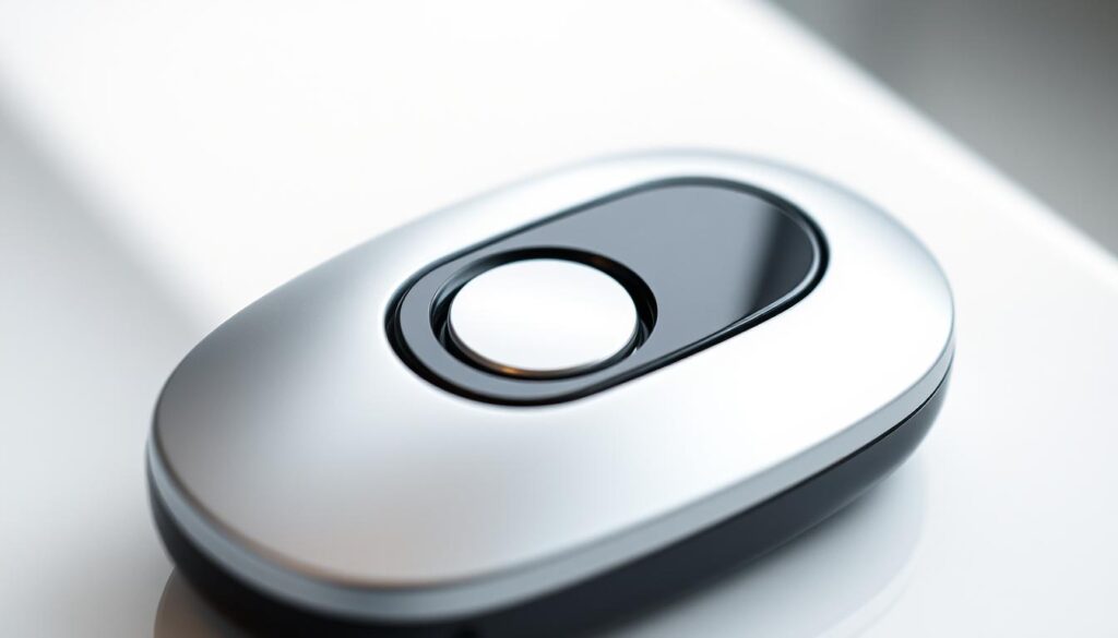 A close-up view of a modern remote keyless system, showcasing its sleek and compact design. The device features a metallic body with elegant curves, accented by a high-gloss black panel and a small, circular button in the center. Precise engineering is evident in the seamless integration of the button and the subtle LED indicator light. The image is captured in a well-lit setting, with soft, diffused lighting that highlights the sophisticated aesthetics of the remote control. The background is blurred, placing the focus entirely on the remote keyless system and its intuitive, user-friendly interface.