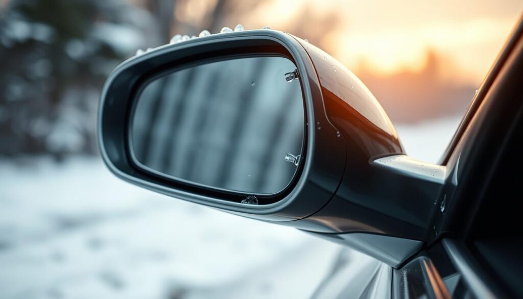 A close-up view of a side mirror on a car, showcasing its detailed care. The mirror is polished and gleaming, with a subtle warm lighting illuminating its surface. The background is a blurred, snowy winter landscape, emphasizing the mirror's role in providing clear visibility during inclement weather. The composition highlights the intricate textures of the mirror's housing, with a focus on the weatherstripping and mechanisms that keep water and cold air out. The overall mood conveys a sense of diligence and attention to detail in maintaining the car's essential features for safe driving.