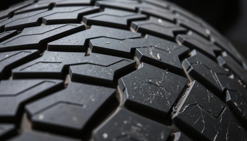 A close-up view of well-worn tire tread, capturing the intricate patterns and grooves that have been gradually diminished through use. The tread showcases a range of textures, from the smooth, polished surfaces to the deeper, more pronounced ridges and channels. The lighting is soft and diffused, highlighting the subtle variations in depth and color across the tread. The angle is slightly tilted, providing a dynamic and engaging perspective that invites the viewer to examine the details closely. The overall mood is one of careful observation, emphasizing the importance of maintaining proper tire tread depth for optimal performance and safety.