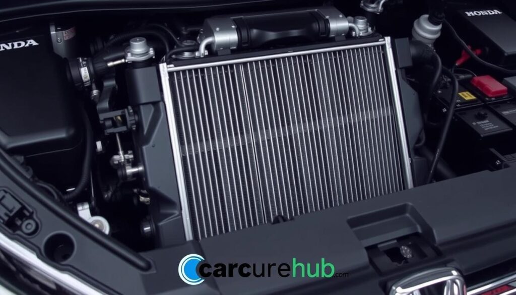 A closeup view of the radiator in a Honda Accord, showcasing the various components that may need replacement over time. The radiator is the focal point, rendered in high detail with a technical, engineering-inspired aesthetic. The surrounding engine bay is dimly lit, emphasizing the radiator's importance. Subtle branding for "carcurehub.com" is visible in the bottom corner, providing a professional, authoritative context. The overall mood is one of informative, diagnostic assessment - guiding the viewer on when to replace this critical cooling system part.