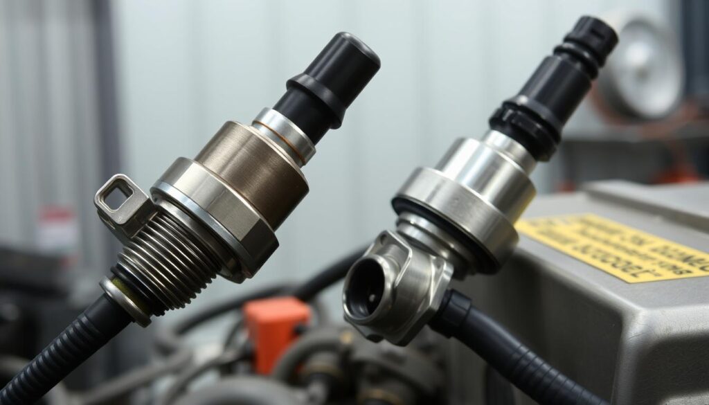 A detailed close-up of an automotive upstream and downstream oxygen (O2) sensor setup, showcased against a muted industrial backdrop. The sensors are shown in a clean, well-lit environment, their metallic casings and electrical connectors rendered with precision. The foreground features the upstream sensor, its wiring and mounting clearly visible, while the downstream sensor occupies the middle ground. The overall scene conveys a sense of technical expertise and attention to the diagnosis and repair of oxygen sensor-related engine issues.