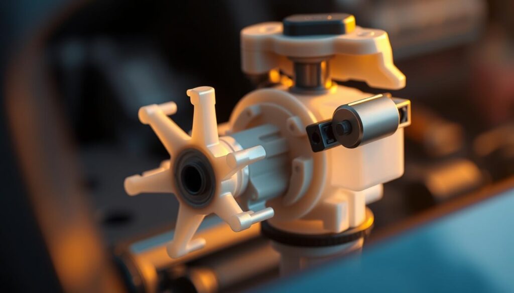 A detailed close-up view of a Ford Escape windshield washer pump, illuminated by soft, warm lighting that accentuates its intricate mechanical design. The pump is positioned prominently in the frame, showcasing its key components such as the impeller, housing, and electrical connectors. The background is blurred, allowing the viewer to focus on the technical details of the pump. The overall atmosphere conveys a sense of examination and analysis, suitable for troubleshooting and replacement procedures.