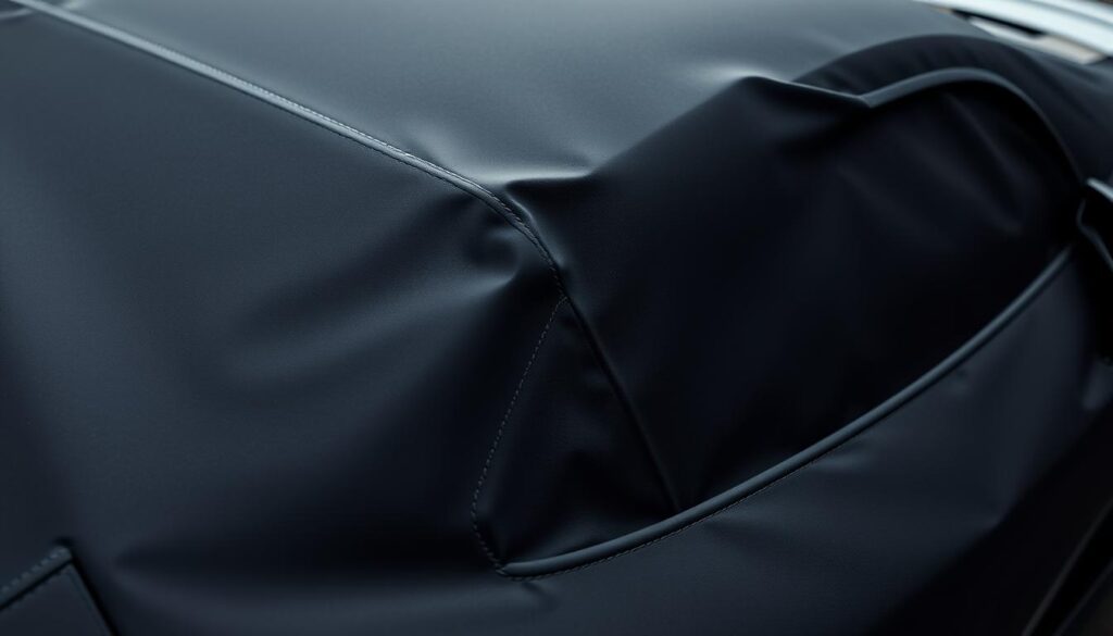 A detailed close-up view of a custom-tailored car cover being fitted onto a sleek, luxury sports car. The cover is made of high-quality, water-resistant material in a rich, dark color that complements the car's exterior. Subtle stitching and embroidered details add a touch of sophistication. Soft, indirect lighting from above creates deep shadows and highlights the smooth contours of the vehicle, emphasizing the cover's precise fit. The scene exudes a sense of exclusivity and premium craftsmanship, perfectly capturing the essence of a bespoke car protection solution.