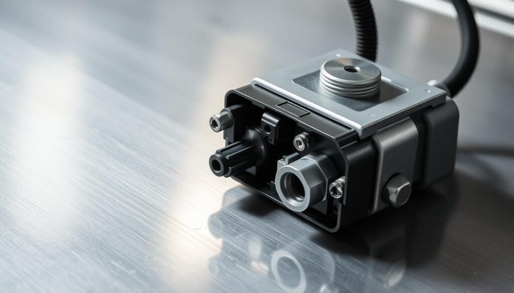 A detailed close-up view of a fuel pump module, showcasing its intricate components. The module is positioned on a clean, well-lit metal surface, allowing for a comprehensive examination. The lighting is soft and directional, emphasizing the module's textures and contours. The image has a technical, diagnostic feel, with a focus on the functional details rather than the aesthetics. The overall composition is balanced and symmetrical, guiding the viewer's attention to the key features of the fuel pump module.