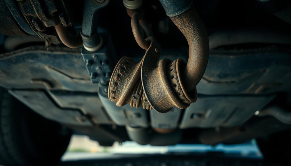 A detailed, close-up view of a rusty, dilapidated vehicle exhaust hanger, hanging precariously from the undercarriage of an old, beaten-up car. The hanger is twisted, bent, and barely holding on, creating a distorted, unsettling suspension noise. The image is shot from a low angle, highlighting the gritty, industrial aesthetic, with a muted, weathered color palette reflecting the worn-out nature of the component. Dramatic, low-key lighting casts deep shadows, adding to the sense of mechanical decay and impending failure. The overall mood is one of neglect, disrepair, and the struggle to maintain a functioning vehicle against the ravages of time and use.