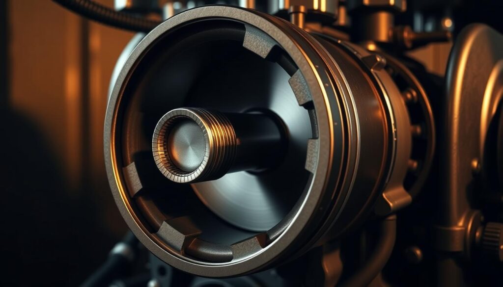 A detailed cross-section view of a classic V8 engine cylinder, showcasing the piston and its motion within the cylinder bore. The piston features a distinctive cupped crown and is connected to the connecting rod via a prominent wrist pin. The cylinder walls are visibly scored, indicating the presence of piston slap, a common issue in high-mileage engines. The scene is illuminated by warm, directional lighting, casting subtle shadows that accentuate the mechanical components. The background is a muted, industrial palette, allowing the piston and cylinder to be the focal point. The overall mood conveys the technical nature of the subject, while hinting at the resolution of the "piston knocking" problem described in the article.