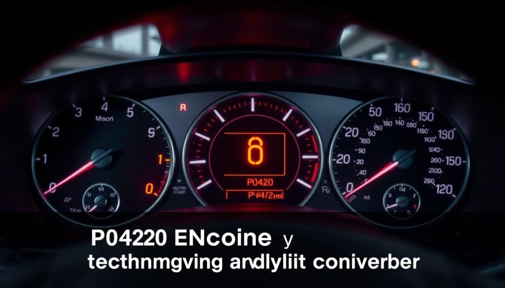 A detailed dashboard display showcasing the symptoms of a P0420 code, capturing the essence of a malfunctioning catalytic converter. The foreground features a prominently lit "Check Engine" warning light, flanked by a series of gauges and indicators depicting engine temperature, emissions levels, and other diagnostic information. The middle ground presents a sleek, modern dashboard design with a minimalist aesthetic, allowing the critical warning indicators to take center stage. In the background, a subtly blurred cityscape or highway scene evokes the real-world context in which this issue might be encountered, creating a sense of urgency and the need for prompt attention. The overall mood is one of concern and the need for troubleshooting, with a technical and precise visual style that resonates with the subject matter.