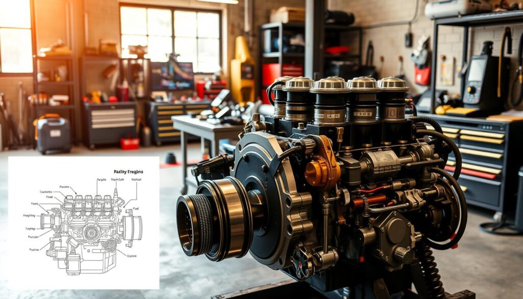 A detailed engine schematic in a warm, well-lit automotive repair workshop. The foreground features a cutaway view of a four-cylinder engine, revealing its internal components like the pistons, crankshaft, and fuel system. The middle ground showcases various tools and diagnostic equipment arranged neatly on a workbench, suggesting a methodical troubleshooting process. The background depicts the workshop interior with metal shelves, tool cabinets, and a large window letting in natural light. The overall mood is one of technical expertise and problem-solving, guiding the viewer through the step-by-step remedies for a rough idling engine.