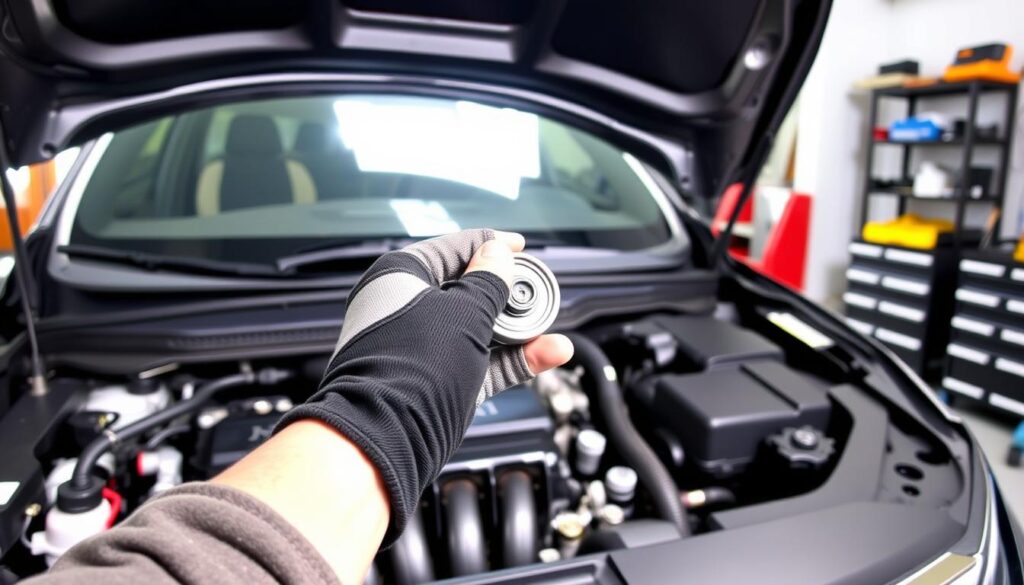 A detailed, step-by-step guide on how to drain the coolant from a 2018 Honda Accord. In the foreground, the open engine bay reveals the radiator and hoses. In the middle ground, hands wearing mechanic's gloves loosening a drain plug to allow the coolant to flow out. In the background, a clean, well-lit garage setting with organized tools and equipment. Bright, natural lighting illuminates the scene, creating a sense of clarity and focus. The overall mood is informative and instructional, suitable for an article on carcurehub.com.