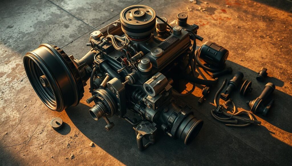 A detailed, technical diagram of a vintage internal combustion engine against a worn, gritty concrete floor. The engine is disassembled, with various components and parts meticulously arranged around it. Warm, golden lighting casts dramatic shadows, highlighting the intricate mechanical details. The overall mood is one of focused, industrial examination - a scene of in-depth mechanical analysis and repair. The camera angle is low, providing an up-close, immersive perspective that emphasizes the complexity and enduring resilience of this classic American automotive design.