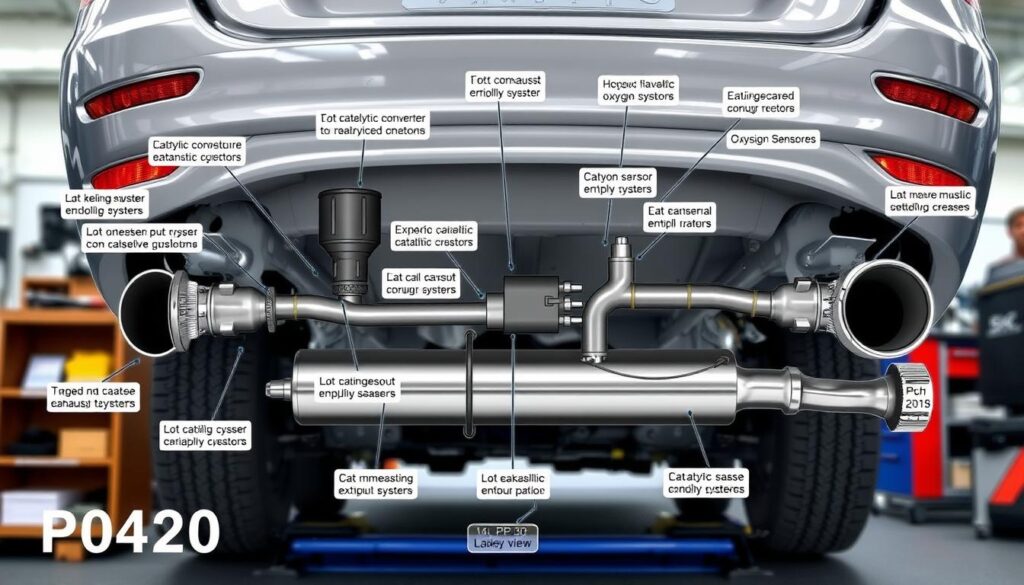 A detailed, technical diagram of an exhaust system inspection guide, photographed against a clean, well-lit workshop background. The image should showcase the key components of an exhaust system, such as the catalytic converter, oxygen sensors, and muffler, with clear labels and annotations to guide the viewer through the inspection process. The overall tone should be informative and educational, with a focus on providing a step-by-step visual reference for diagnosing and troubleshooting exhaust-related issues, like the P0420 code.