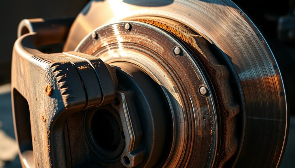 A detailed visual scene showcasing the warning signs of brake problems. In the foreground, a close-up view of a worn brake pad with visible grooves and diminished friction material. The caliper is slightly misaligned, creating an uneven pad contact. In the middle ground, the brake disc exhibits visible scoring and uneven wear patterns, indicating potential rotor issues. Sunlight glints off the metallic components, casting shadows that accentuate the texture and deterioration. In the background, the wheel well is slightly obscured, hinting at the overall state of the braking system. The lighting is natural, with a slight warm tone, creating a sense of urgency and the need for inspection. The camera angle is slightly low, emphasizing the importance of these visual cues.
