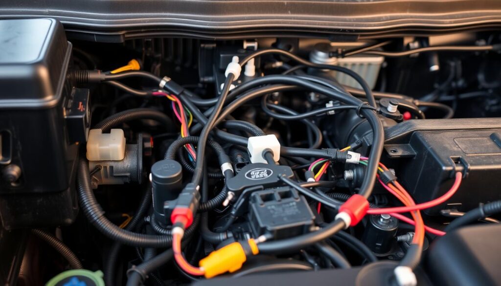 A detailed wiring harness of a Ford F-150 engine bay, illuminated by soft, natural lighting from an overhead source. The wiring is neatly organized, with individual cables clearly visible and color-coded for easy identification. The harness snakes through the engine compartment, connecting various sensors, modules, and other electrical components. The scene captures the intricate web of wires that powers the truck's electrical systems, showcasing the complexity and importance of this vital component. The overall mood is one of technical precision and functional elegance, reflecting the attention to detail required for proper diagnosis and repair of rain-related electrical issues.