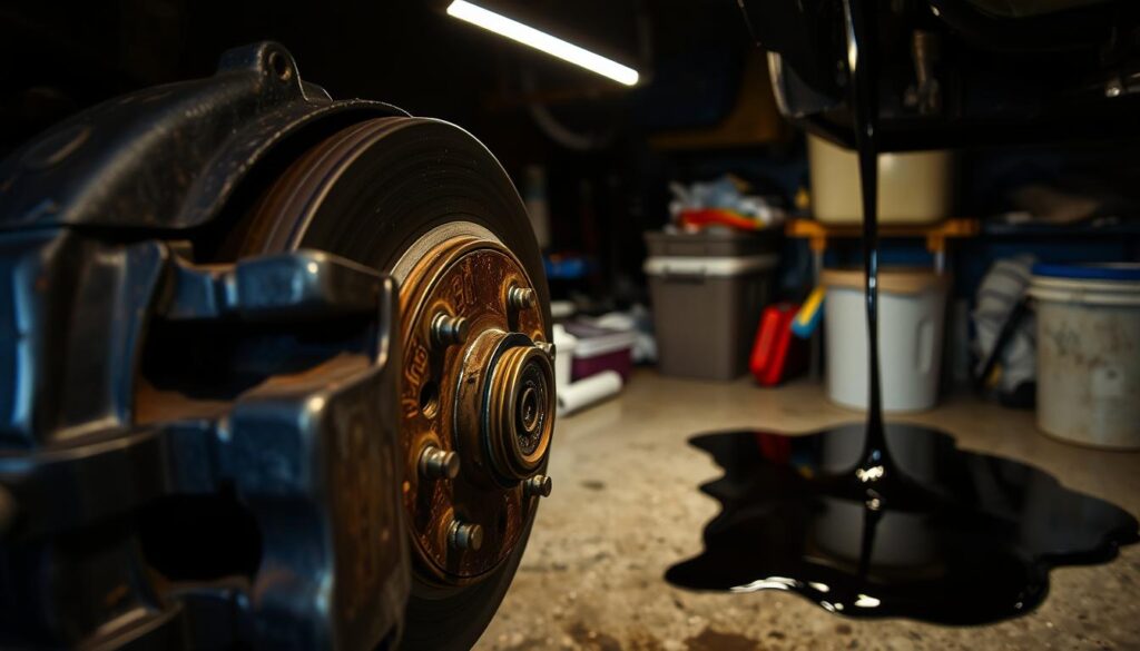 A dimly lit, cluttered garage workshop. In the foreground, a car's brake caliper is visibly warped and discolored, indicating severe overheating. The middle ground showcases a brake pad reduced to a thin, worn-down sliver, barely gripping the rotor. In the background, a puddle of dark, viscous brake fluid seeps from a ruptured line, casting an ominous glow under the harsh overhead lighting. The scene conveys a sense of urgency and the need for immediate attention to this potentially dangerous brake malfunction.