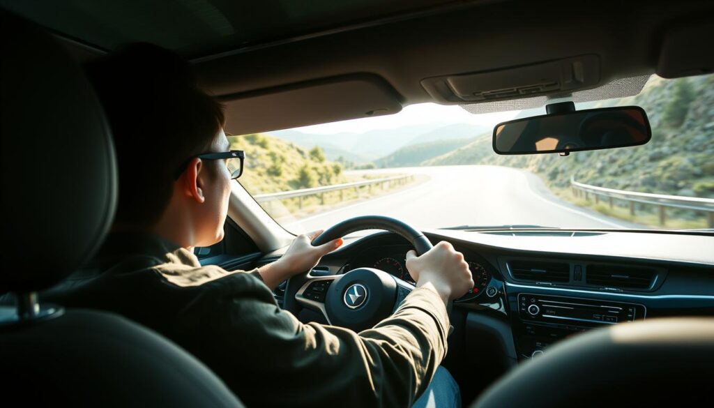 A dynamic, well-lit scene of a person test driving a car on a winding road, with a focus on the driver's intense engagement and the car's responsive handling. The foreground features the driver's hands gripping the steering wheel, their face expressing concentration, and the interior of the car in vivid detail. The middle ground showcases the car's sleek exterior design as it navigates the curving road, surrounded by lush greenery and scenic vistas. The background encompasses the broader driving environment, with natural lighting casting dramatic shadows and highlights on the car's surfaces. The overall atmosphere conveys the thrill and importance of a thorough test drive when evaluating a potential vehicle purchase.