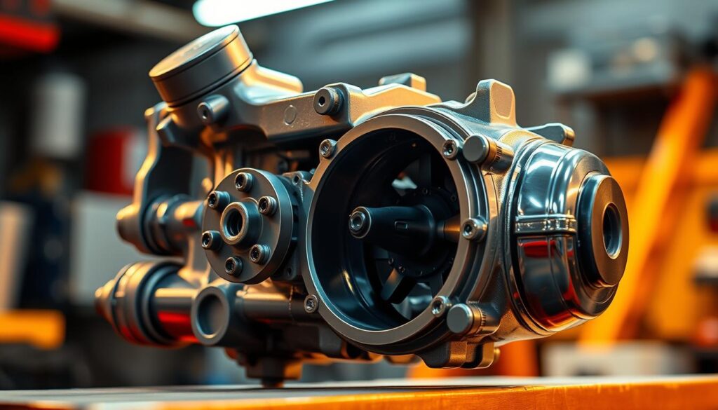 A gleaming metal power steering pump, its sleek housing catching the warm light of a well-lit automotive workshop. The pump's intricate internals are visible through a transparent casing, showcasing the complex mechanism that transfers pressurized fluid to the steering system. Precision-engineered components, such as the impeller and valves, are clearly defined, hinting at the pump's crucial role in providing the smooth, responsive steering that drivers of a Chevy Tahoe have come to expect. The overall composition emphasizes the power steering pump's importance, capturing its technical sophistication and the essential function it serves in the vehicle's steering system.