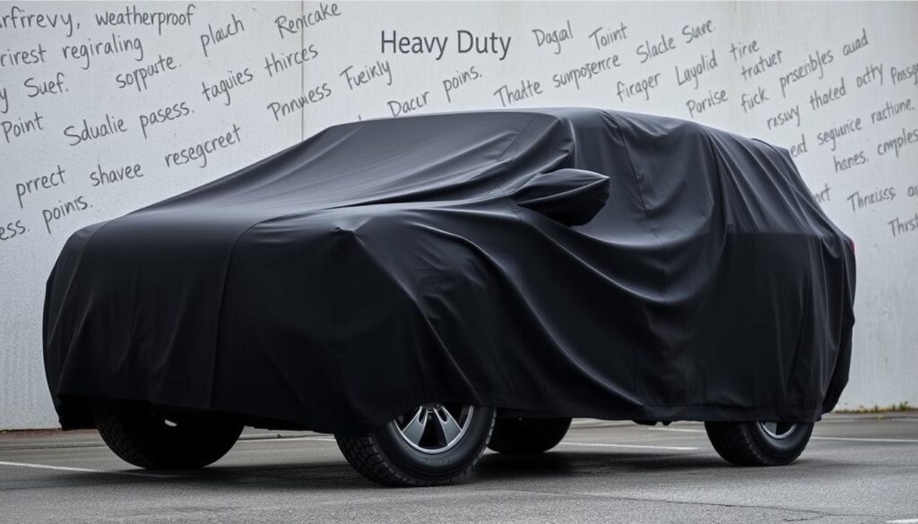 A heavy-duty car cover envelops a rugged SUV, shielding it from the elements. The cover's thick, weatherproof material cascades over the vehicle, creating a sense of protection and security. Strategically placed reinforcements at key stress points ensure durability, while the matte black finish conveys a bold, authoritative presence. Diffused lighting casts subtle shadows, highlighting the cover's robust construction. The scene exudes a sense of resilience, befitting the harshest outdoor conditions and the need to safeguard one's prized possession.