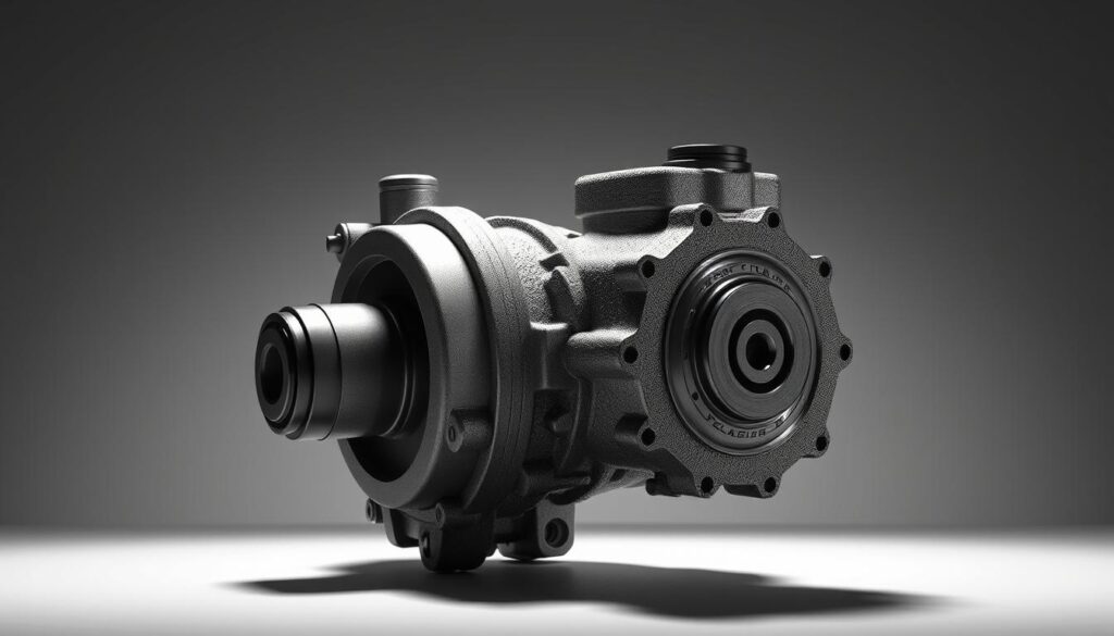 A highly detailed, photorealistic rendering of a power steering pump, set against a clean, neutral background. The pump is displayed in a front-facing, three-quarter view, showcasing its intricate mechanical components and textured housing. Subtle lighting from the side casts dramatic shadows, highlighting the contours and highlighting the pump's functional design. The overall atmosphere conveys a sense of technical precision and engineering excellence, fitting the context of the article on Chevy Tahoe power steering issues.