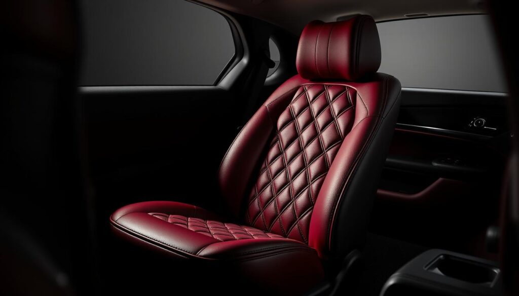 A luxurious, tufted leather car seat cover in a deep, rich burgundy hue. The surface has a buttery-soft, supple texture with intricate stitching patterns that catch the light. The cover is beautifully tailored, hugging the contours of the seat for a sleek, tailored look. Warm, directional lighting casts dramatic shadows, highlighting the luxurious feel. The background is a sophisticated, muted gray to make the seat cover the focal point. The overall atmosphere is one of refined elegance and elevated style, elevating the interior of the vehicle.