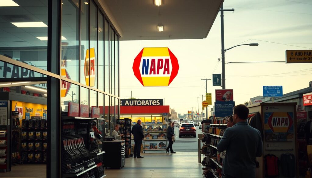 A modern and well-lit Napa Auto Parts store, with a large glass façade showcasing the store's exterior. The middle ground features a prominent Napa logo and signage, as well as rows of auto parts and accessories neatly displayed on shelves. In the foreground, a few customers are browsing the selection, creating a sense of activity and engagement. The background depicts a busy suburban street, with other storefronts and passing traffic, setting the scene of a thriving commercial district. The lighting is warm and inviting, creating a welcoming atmosphere for customers seeking quality auto parts and exceptional service.