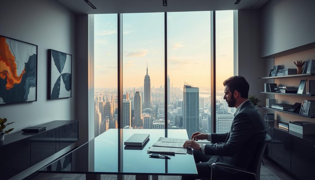A modern office interior with a sleek, minimalist design. In the foreground, a businessman sits at a glass-topped desk, deep in thought as he reviews financial documents. The middle ground features a large window overlooking a bustling city skyline, bathed in warm, golden light. In the background, the walls are adorned with abstract artwork and shelves displaying various financial tools and analytics software. The overall atmosphere conveys a sense of professionalism, sophistication, and the weight of financial decisions.