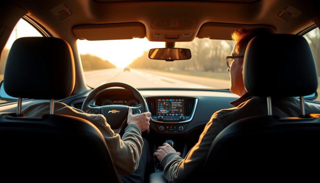 A safety driver sits alert and focused in the driver's seat of a 2025 Chevrolet Equinox Hybrid, hands poised on the steering wheel, eyes scanning the road ahead. The cabin is bathed in a warm, golden light, reflecting the driver's calm demeanor and the vehicle's advanced safety features. The dashboard displays the latest driver assistance technologies, offering a reassuring sense of control and confidence. The exterior of the Equinox Hybrid is visible in the background, its sleek, aerodynamic lines and bold, distinctive styling conveying a blend of efficiency and sophistication. This scene captures the essence of "safety, support, and peace of mind" that the Equinox Hybrid's ownership experience aims to deliver.