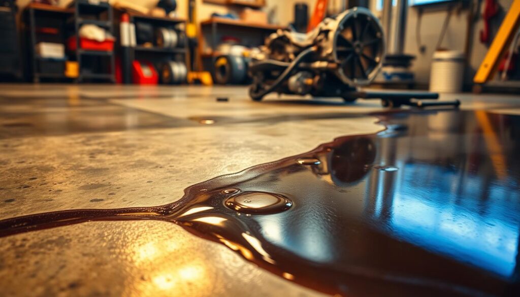 A shiny pool of transmission fluid glistening on a garage floor, droplets trailing from a worn-out gasket or a cracked hose. The fluid shimmers under the warm, overhead lighting, casting a subtle reflection on the concrete surface. The foreground captures the telltale signs of a leak - a dark, oily stain slowly spreading outwards. In the middle ground, a partially disassembled transmission sits atop a workbench, its internals exposed, hinting at the complexities within. The background features the cluttered, industrial atmosphere of a mechanic's workspace, complete with shelves of tools and parts, adding a sense of context and authenticity to the scene.