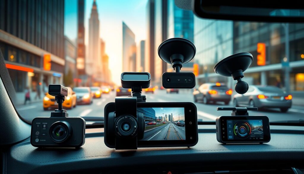 A sleek and modern dashboard display showcasing the latest ADAS-enabled dash cams. In the foreground, three high-quality dash cam units with advanced sensors and sleek, minimalist designs are prominently featured, their functions and features highlighted by soft, directional lighting. The middle ground features a city street scene captured through the camera lenses, with traffic, pedestrians, and road signs visible in sharp detail. The background depicts a cityscape with skyscrapers and a vibrant, tech-forward atmosphere, conveying the sense of cutting-edge driving technology integrated seamlessly into the urban environment. The overall composition and lighting evoke a sense of sophistication, safety, and the future of in-vehicle technology.