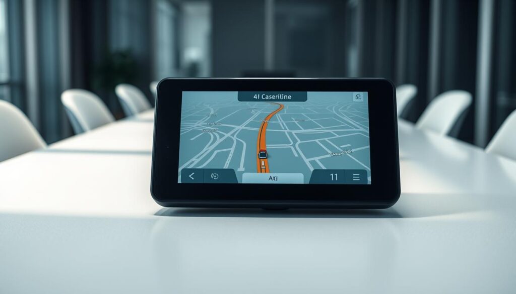 A sleek, high-resolution image of the best car GPS device. Placed on a clean, minimalist table in a well-lit, modern office setting, the device is displayed from a slightly elevated, frontal angle, showcasing its premium design and intuitive interface. The screen displays a detailed navigation map with clear routes and landmarks. Subtle shadows and diffused lighting create depth and a sense of three-dimensionality, while a muted color palette of greys, blacks, and silvers reinforces the sophisticated, tech-savvy atmosphere. The overall composition is balanced, highlighting the GPS device as the central focus, ready to guide the driver on their journey.