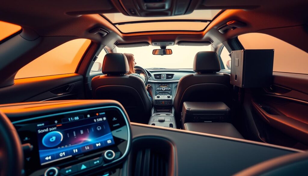 A sleek, modern car interior with a state-of-the-art audio system. In the foreground, a high-end car stereo with a large, vibrant display showcases advanced sound customization features. Surrounding it, a neatly installed array of premium speakers, subwoofers, and amplifiers, their elegant designs seamlessly integrated into the vehicle's stylish dashboard and door panels. In the middle ground, the car's occupants sit comfortably, immersed in the rich, powerful sound, their expressions of pure enjoyment. The background features a clean, minimalist car exterior, hinting at the technological prowess within. Warm, soft lighting creates a cozy, inviting atmosphere, perfectly complementing the high-performance audio setup.