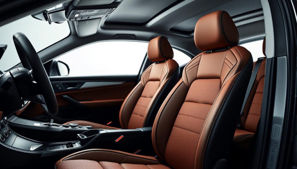 A sleek, modern car interior with high-end, stylish seat covers in the foreground. The seat covers feature a contemporary design, with a mix of rich textures and patterns that complement the vehicle's interior. The middle ground showcases the seat covers from multiple angles, highlighting their quality and attention to detail. The background depicts a minimalist, well-lit setting, creating a sophisticated and aspirational atmosphere. The lighting is soft and diffused, casting gentle shadows that accentuate the seat covers' contours and materials. The camera angle is slightly elevated, providing a premium, high-end perspective of the subject.