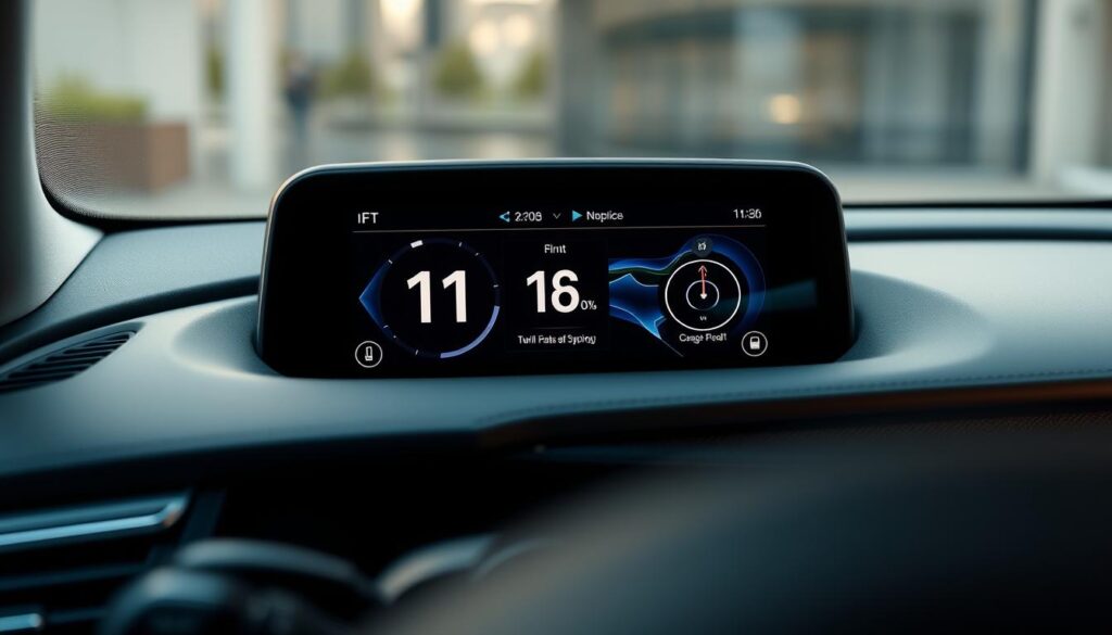 A sleek, modern dashboard display with a prominent 11-inch diagonal driver information screen. The screen is encased in a seamless, minimalist bezel, exuding a premium, high-tech aesthetic. Soft, indirect lighting illuminates the display, creating a warm, inviting ambiance. The screen's resolution is crisp and vibrant, showcasing vivid, high-quality graphics. The interface is intuitively designed, with clean typography and intuitive controls, seamlessly blending form and function. This cutting-edge technology is the centerpiece of an immersive, driver-focused cockpit, elevating every journey with its unparalleled clarity and responsiveness.