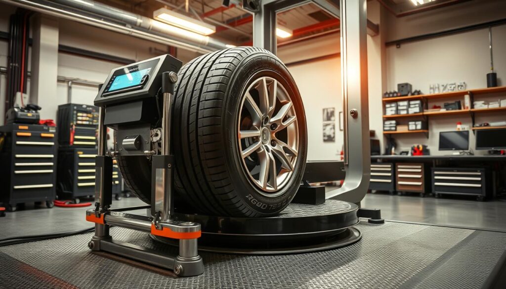 A sleek, modern tire balancing machine sits in a well-lit auto repair shop. The machine's sturdy steel frame and precision components are clearly visible, hinting at its advanced capabilities. The front panel displays a digital readout, providing real-time feedback on the tire's balance. Bright LED lights illuminate the work area, casting a warm glow on the shiny, chrome-accented features of the machine. In the background, a neatly organized tool rack and a few diagnostic computers suggest a professional, state-of-the-art facility dedicated to providing exceptional tire maintenance services.